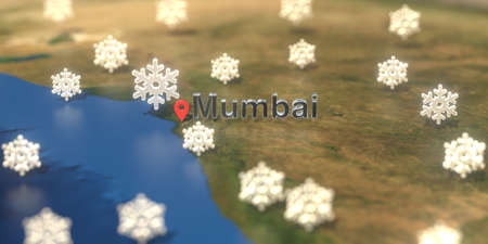 Mumbai city and snowy weather icon on the map, weather forecast related 3D rendering