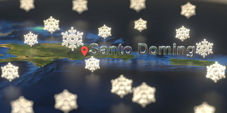 Snowy weather icons near Santo Domingo city on the map, weather forecast related 3D renderingの写真素材