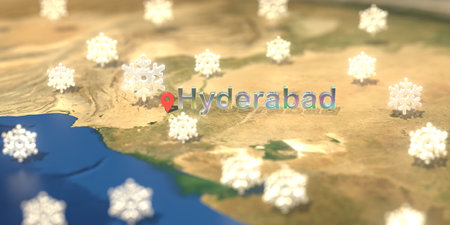 Snowy weather icons near Hyderabad city on the map, weather forecast related 3D rendering