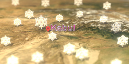 Snowy weather icons near Kabul city on the map, weather forecast related 3D rendering