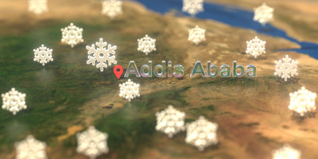 Addis Ababa city and snowy weather icon on the map, weather forecast related 3D rendering