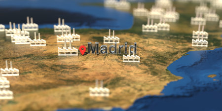 Factory icons near Madrid city on the map, industrial production related 3D rendering