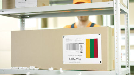 Worker puts a carton with goods from Lithuania on the shelfの写真素材