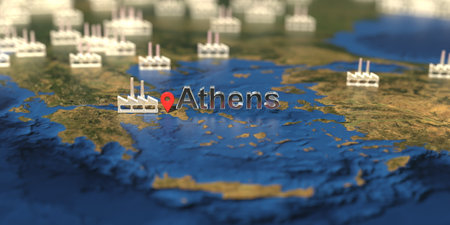 Athens city and factory icons on the map, industrial production related 3D rendering