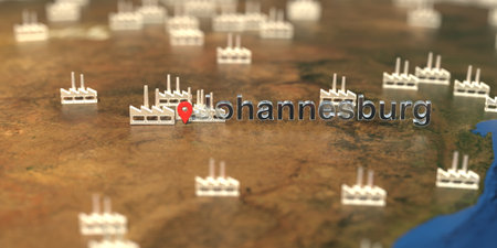Johannesburg city and factory icons on the map, industrial production related 3D rendering
