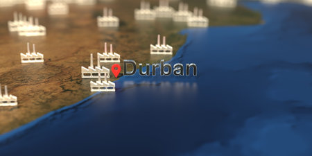 Factory icons near Durban city on the map, industrial production related 3D rendering