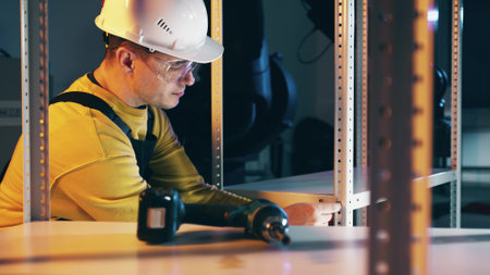 Man wearing hard hat assembles the industrial storage shelf rack