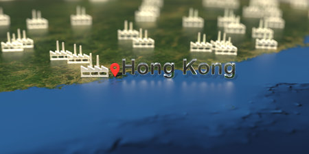 Factory icons near Hong Kong city on the map, industrial production related 3D rendering