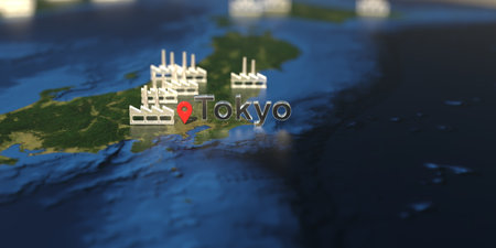 Factory icons near Tokyo city on the map, industrial production related 3D renderingの写真素材