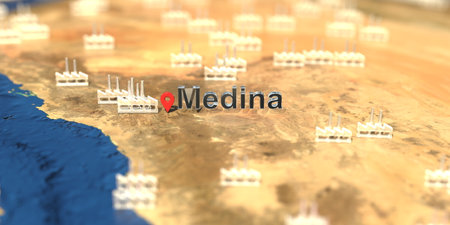 Factory icons near Medina city on the map, industrial production related 3D renderingの写真素材