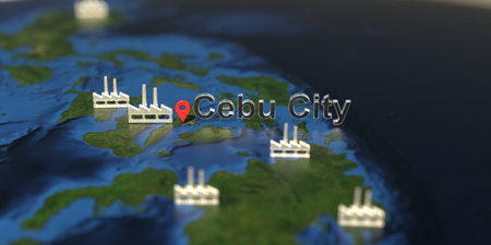 Cebu city and factory icons on the map, industrial production related 3D rendering