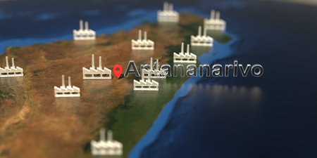 Antananarivo city and factory icons on the map, industrial production related 3D renderingの写真素材