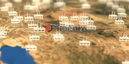 Factory icons near Phoenix city on the map, industrial production related 3D renderingの写真素材