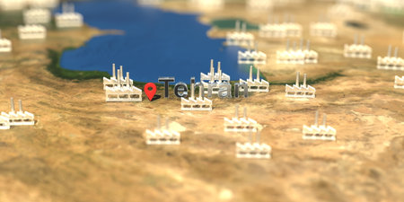 Factory icons near Tehran city on the map, industrial production related 3D rendering