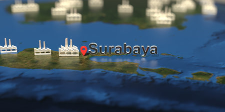 Factory icons near Surabaya city on the map, industrial production related 3D rendering