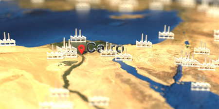 Factory icons near Cairo city on the map, industrial production related 3D renderingの写真素材