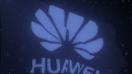 Waving digital flag with HUAWEI company logo, 3d rendering, editorial 3d renderingのeditorial素材