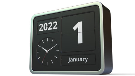 January 1, 2022 date on the flip clock calendar, 3d rendering