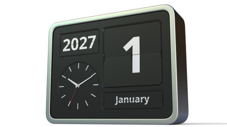 January 1, 2027 date on the flip clock calendar, 3d renderingの写真素材