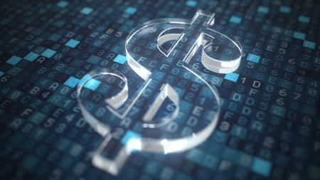 Dollar symbol on a blue computer screen background. Fintech or modern digital currency concepts. 3d...