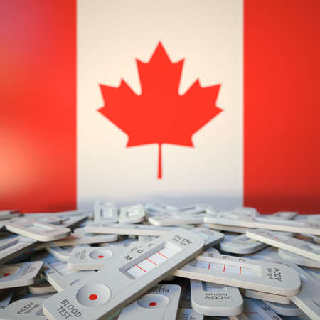 Flag of Canada and disposed COVID-19 antigen tests, coronavirus outbreak conceptual 3D renderingの写真素材