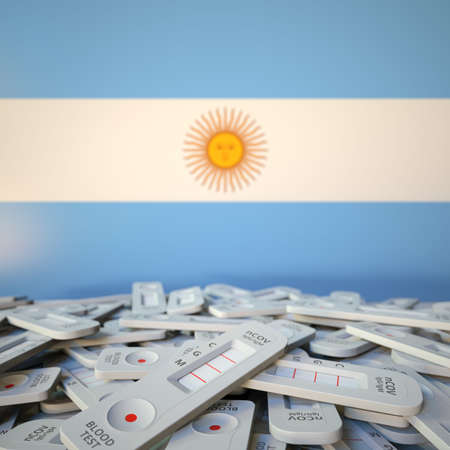 COVID-19 rapid antigen tests and flag of Argentina. Pandemic conceptual 3D renderingの写真素材