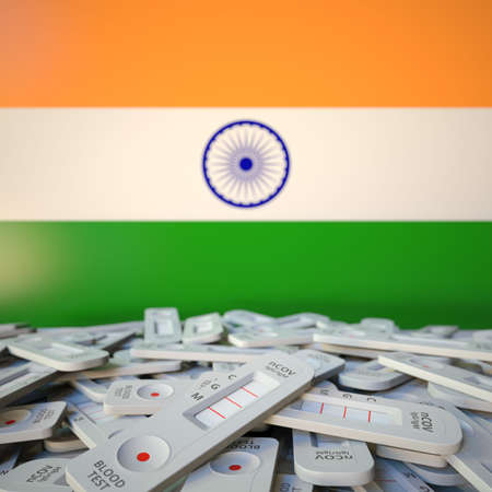 National flag of India and multiple coronavirus antigen tests, public health conceptual 3D renderingの写真素材