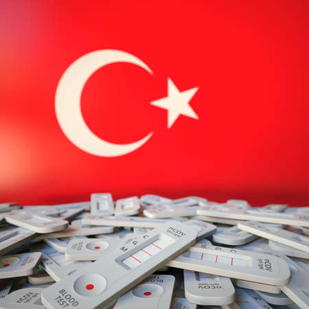 National flag of Turkey and multiple coronavirus antigen tests, public health conceptual 3D renderingの写真素材