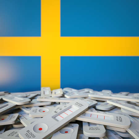 Coronavirus rapid antigen tests and flag of Sweden. Pandemic concept 3D renderingの写真素材