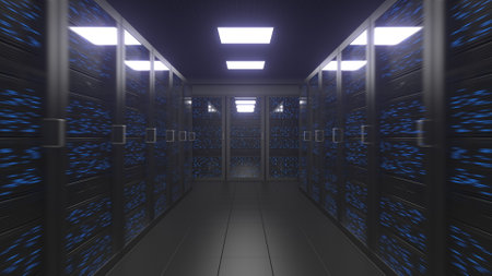 Modern server room 3d rendering. Cloud technology, big data or digital age concepts