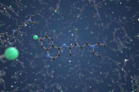 Generic chloroquine molecule. Ball-and-stick molecular model. Chemistry related 3d renderingの写真素材