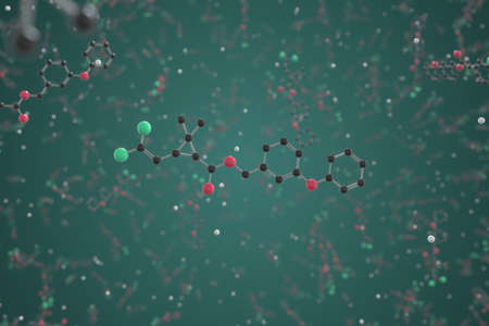 Generic permethrin molecule. Ball-and-stick molecular model. Chemistry related 3d renderingの写真素材