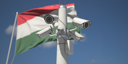 Waving flag of Hungary and the security cameras. 3d renderingの写真素材
