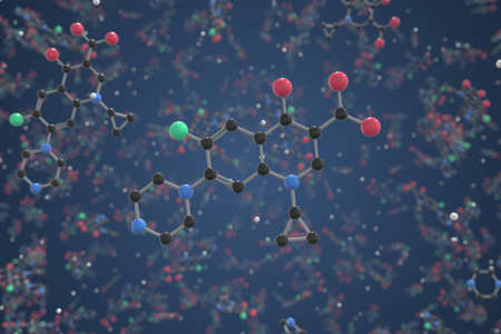 Ciprofloxacin molecule. Ball-and-stick molecular model. Chemistry related 3d renderingの写真素材