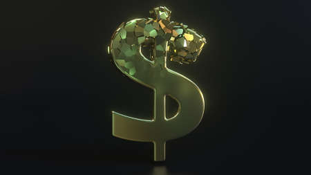 Collapsing golden dollar sign. Crisis related 3d renderingの写真素材