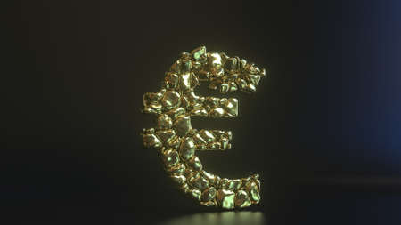 Breaking euro sign made of golden nuggets. Financial crisis conceptual 3d renderingの写真素材