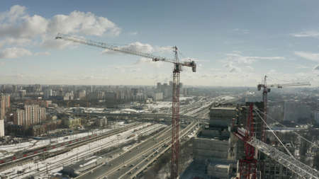 MOSCOW, RUSSIA - MARCH 5, 2021. Aerial view of the construction site of modern residential buildings in the northern part of Moscowのeditorial素材