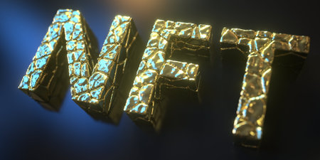 NFT of Non-Fungible Token text made of golden nuggets 3d rendering