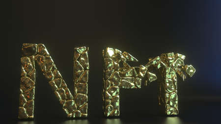 Breaking NFT of Non-Fungible Token text made of golden nuggets. Crypto crisis conceptual 3d renderingの写真素材