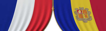 Flags of France and Andorra and closing or opening zipper between them. Political negotiations or interaction conceptual 3D renderingの写真素材