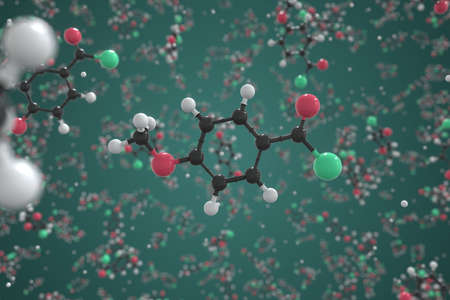 Molecule of anisoyl chloride, ball-and-stick molecular model. Science related 3d renderingの写真素材