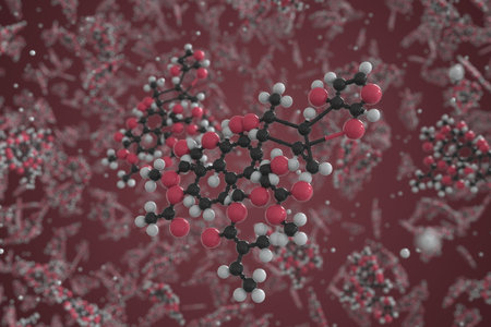 Azadirachtin a molecule, ball-and-stick molecular conceptual model. Scientific 3d rendering