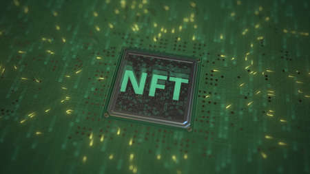 NFT text on a computer processor 3d renderingの写真素材