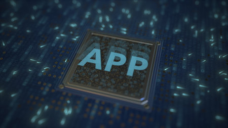 APP text on a computer chip, 3d rendering