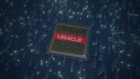ORACLE SA logo on the chip on computer board. Conceptual editorial 3d rendering
