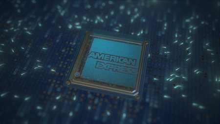 AMERICAN EXPRESS logo on the chip on computer board. Conceptual editorial 3d renderingのeditorial素材