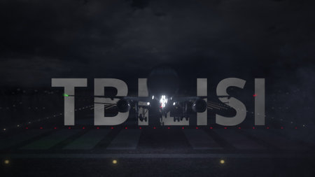 TBILISI city name and airplane taking off from the airport at night. 3d rendering