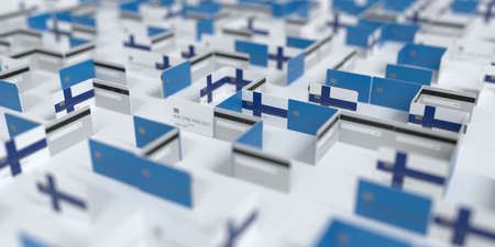 Flag of Finland on the mockup credit card maze. Financial difficulties related 3D rendering