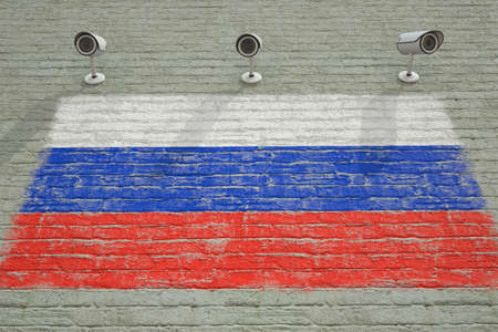 Brick wall with printed national flag of Russia and CCTV cameras. Surveillance system conceptual 3D renderingの写真素材