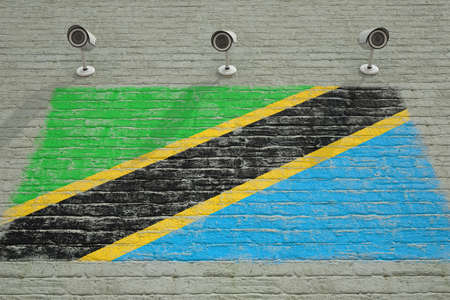 CCTV cameras and wall with printed flag of Tanzania. National surveillance system conceptual 3D renderingの写真素材